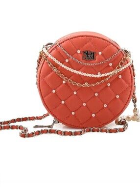 Badgley Mischka Coral Quilted Vegan Leather Round Crossbody Bag Pearl Accents